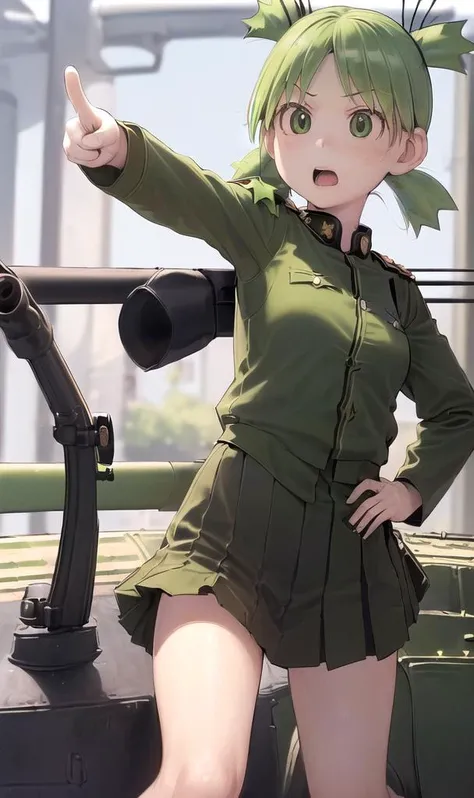 (masterpiece, best quality, high quality, highres, intricate, very realistic, photorealistic), (((1girl, yotsuba, green eyes, green hair, parody, quad tails, ((black military uniform)), riding a war tank pointing forward, one in hand on hip, pointing at another with sniper rifle))) <lora:YotsubaKoiwai:1>