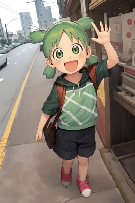 masterpiece, best quality, 1girl, yotsuba, green eyes, green hair, quad tails, smile, :d <lora:YotsubaKoiwai:1> <hypernet:Toru8pWavenChibi_wavenchibiV10a:0.6>