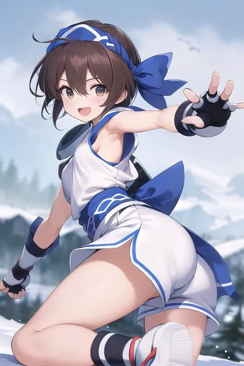 masterpiece,ultra detail,best quality,girl,flat chests,Rimururu,ice,sideboob,outdoor,snow mountain, gloves, shorts, fingerless gloves, white shorts, shoes, hair between eyes, ainu clothes, <lora:Rimururu:0.7>,blade,fighting pose,smile