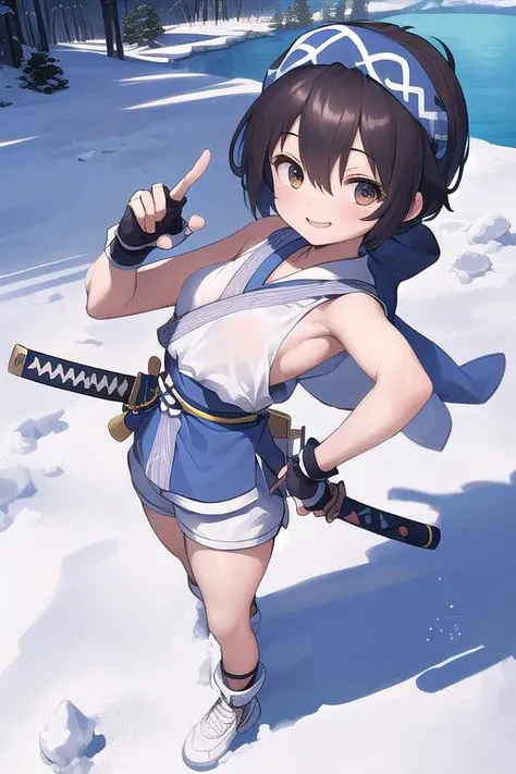 masterpiece,ultra detail,best quality,girl,flat chests,Rimururu,ice,sideboob,outdoor,snow mountain, gloves, shorts, fingerless gloves, white shorts, shoes, hair between eyes, ainu clothes, <lora:Rimururu:0.7>,hold katana,stylish pose,smile,standing,from above