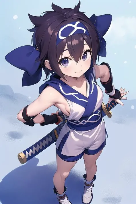 masterpiece,ultra detail,best quality,girl,flat chests,Rimururu,ice,sideboob,outdoor,snow mountain, gloves, shorts, fingerless gloves, white shorts, shoes, hair between eyes, ainu clothes, <lora:Rimururu:0.7>,hold katana,stylish pose,smile,standing,from above