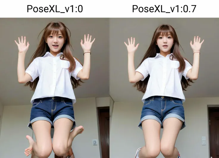 masterpiece, best quality, portrait photo of a 18 years old j-pop girl, wearing shorts, white shirt, beautiful face, perfect eyes, long hair, (jumping pose, hands up, posing to viewer), (low angle/from below),
<lora:hinaMaybeBetterPoseXL_v1:0>