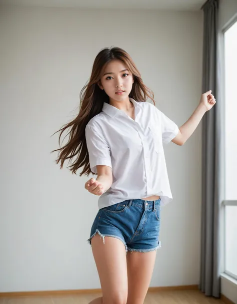 masterpiece, best quality, portrait photo of a 18 years old j-pop girl, wearing shorts, white shirt, beautiful face, perfect eyes, long hair, (jumping pose, hands up, posing to viewer), (low angle/from below),
<lora:hinaMaybeBetterPoseXL_v1:0.7>