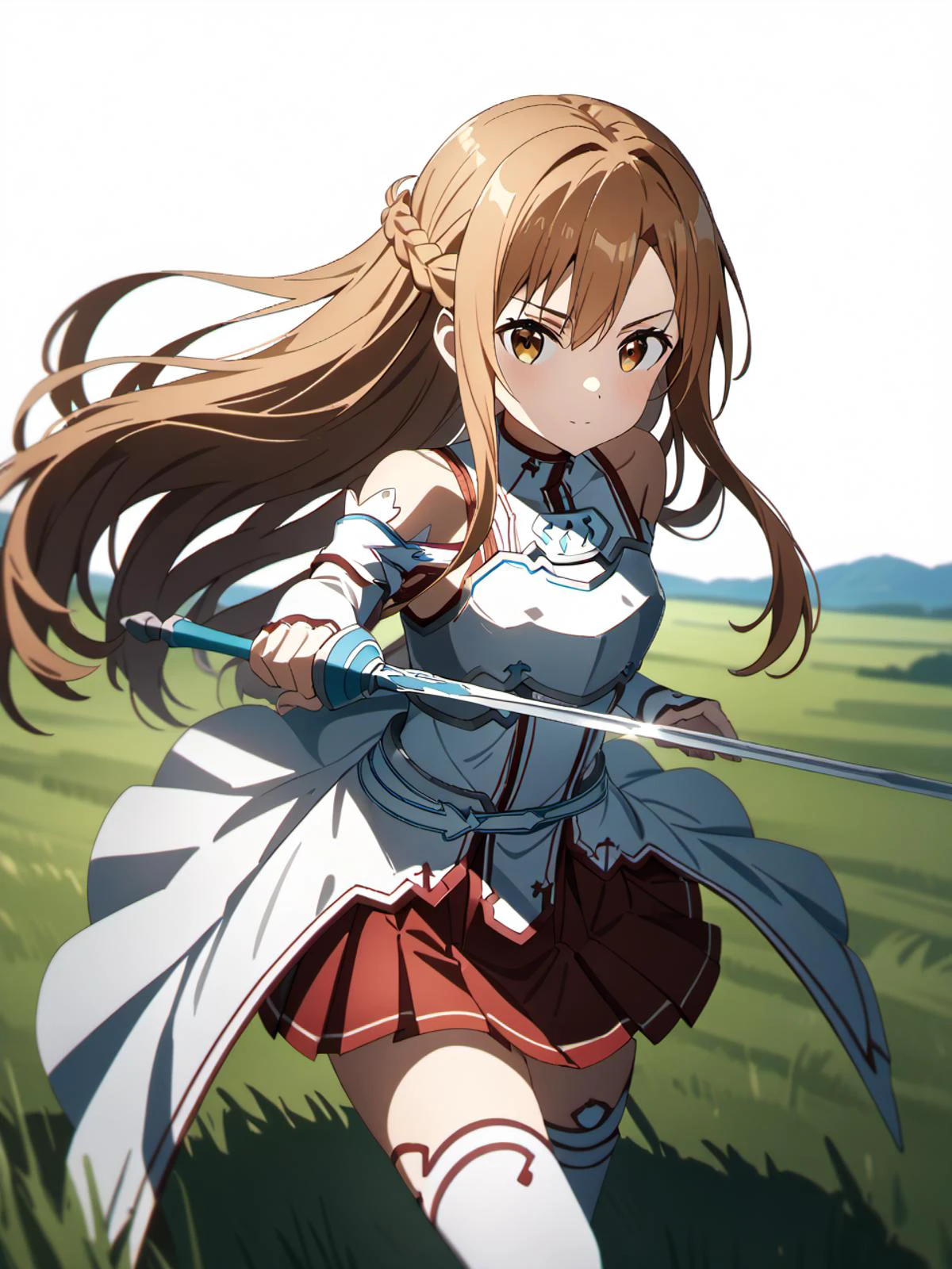 masterpiece, best quality, very aesthetic, absurdres, 4K, ultra deailed, anime coloring, matte:1.1, clear picture:1.1,
<lora:neg4all_bdsqlsz_xl_V91:0.7>, <lora:HandFineTuning_XL:0.7>,<lora:hinaMaybeBetterPoseXL_v2_rank32:0.35>,
cinematic postprocessing, beautiful face, perfect eyes,
1girl, asuna, \(sao\), sword art online,
brown eyes, brown hair, long hair, bangs, braid,
white armor, white breastplate, red pleated skirt, white detached sleeves, white thighhighs,
holding sword rapier. incoming horizontal sword attack,
solo, cute,
((from front)), cowboy shot, feet_out_of_frame,
looking at viewer,
outdoors, sky, blue sky, cloud,grassland,
ultra detailed background,
simple background, (white background:1.4),
<lora:rapier_pony_ex_c12_d16:0.8> <lora:incoming-attack:0.8>