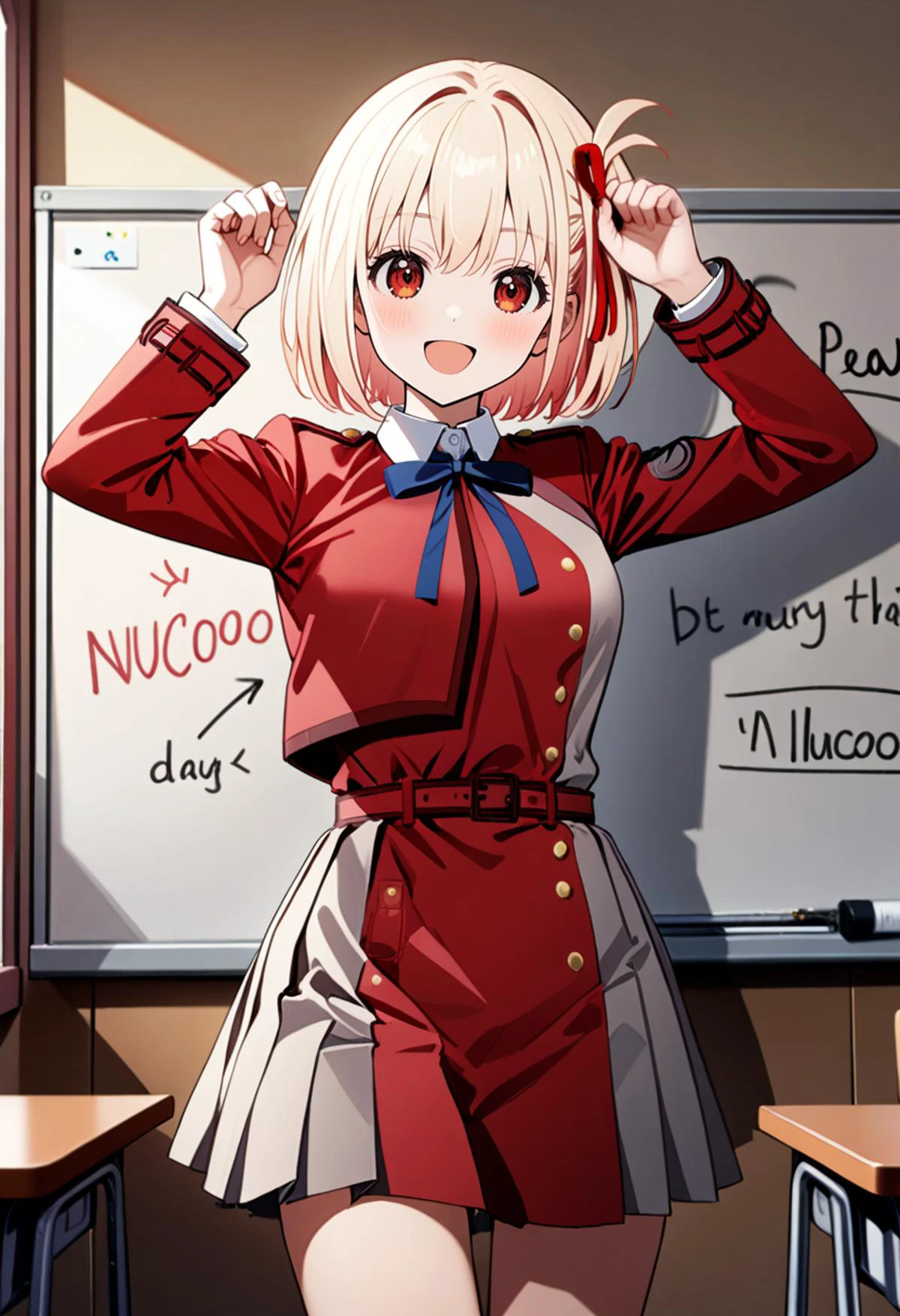 1girl, nishikigi chisato, lycoris uniform, red uniform,
solo,
(english text,NuCoooo),
indoors,class room,Whiteboard, pow pose, open mouth, smile,
against Whiteboard,
cowboy shot,
ultra-detailed background,
<lora:hinaMaybeBetterPoseXL_v3-rev1_rank16:0.4> <lora:HandFineTuning_XL:0.7>
best quality, very aesthetic, absurdres, clear_skin, deluster_skin, <lora:sd_xl_dpo_lora_v1:1>