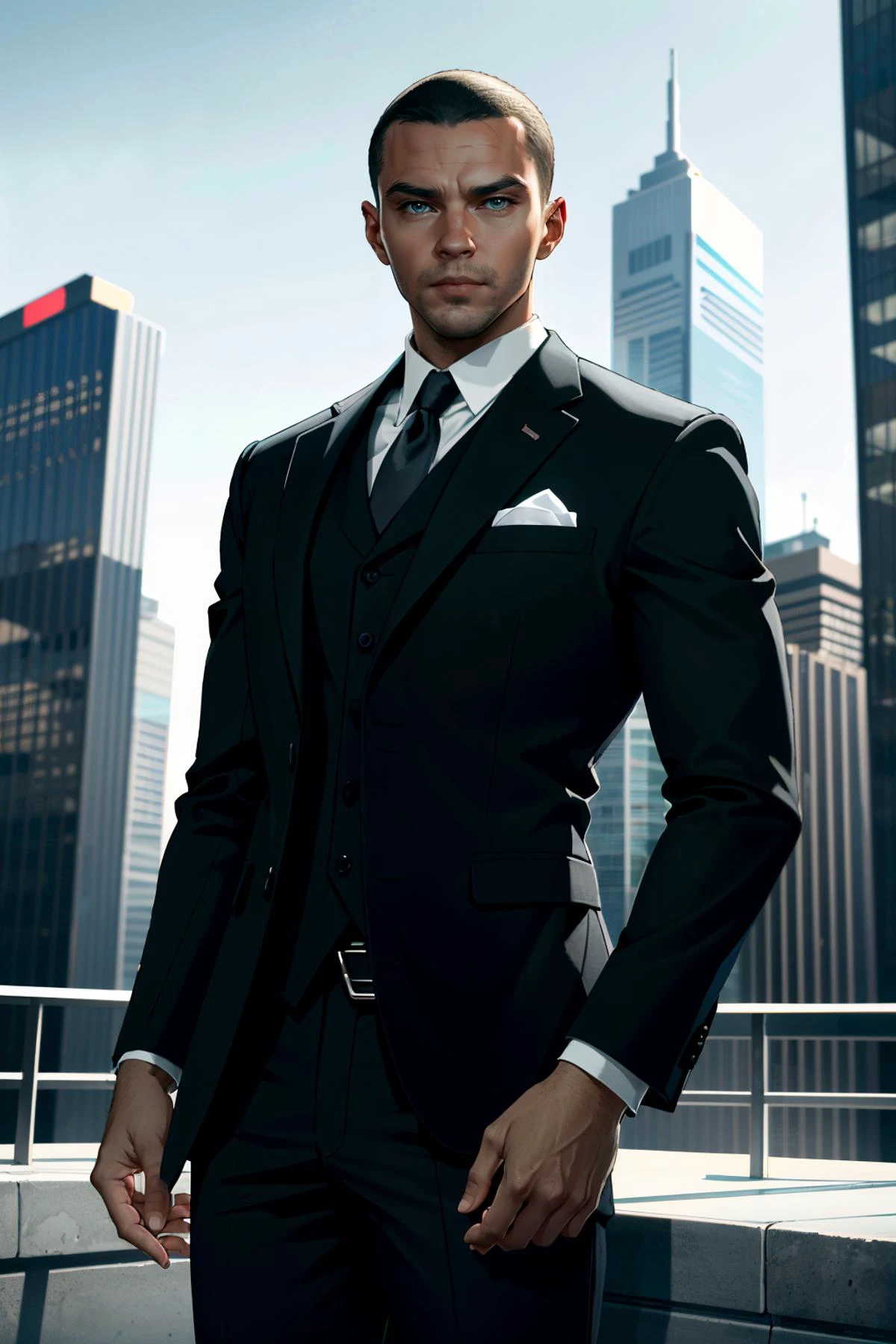 ((ultra detailed, masterpiece, absurdres))
<lora:DBHMarkus:0.8>
DBHMarkus, 1boy, buzz cut, dark skin, posing in a tailored suit against a backdrop of skyscrapers