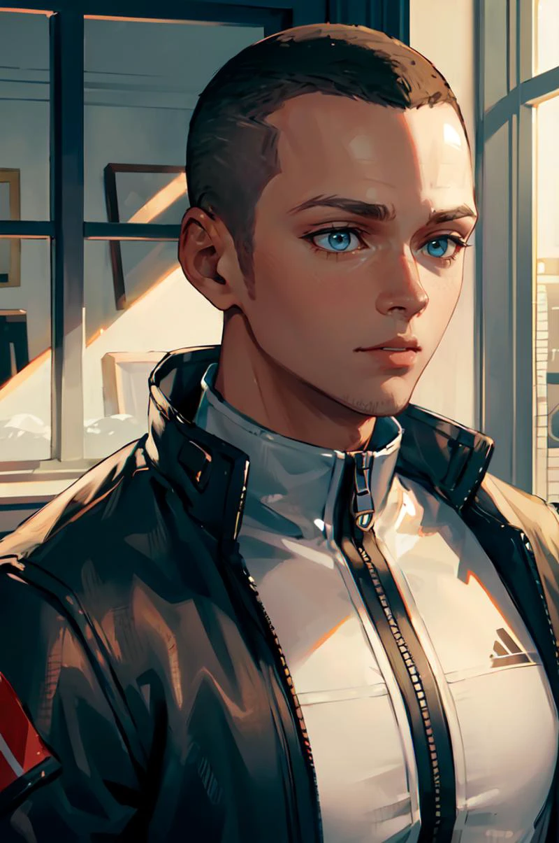 ultra detailed, masterpiece, best quality,
<lora:DMarkus:0.7> DMarkus, jacket, bald, buzz cut,