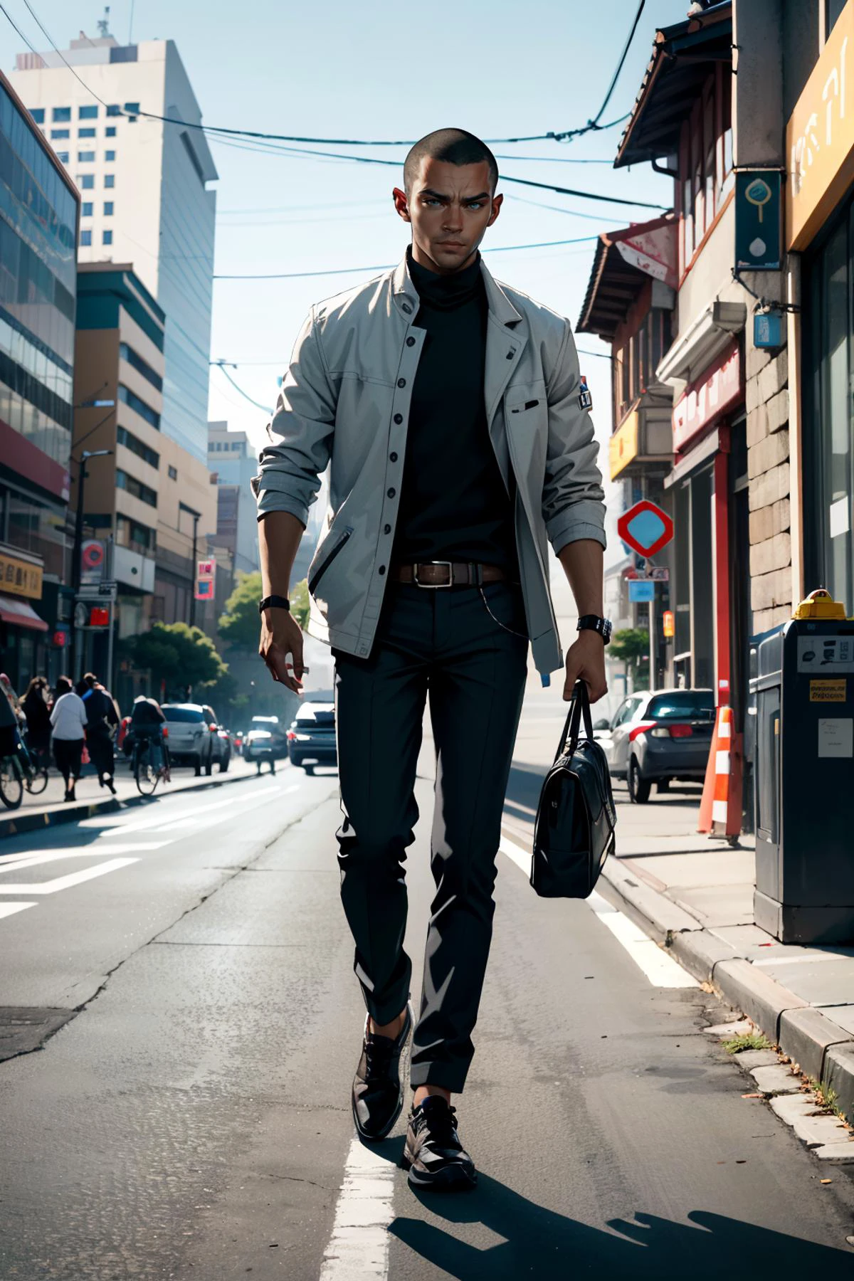 ((ultra detailed, masterpiece, absurdres))
<lora:DBHMarkus:0.8>
DBHMarkus, 1boy, buzz cut, dark skin, walking down a busy urban street, exuding charisma
