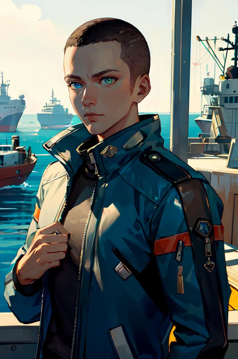 ultra detailed, masterpiece, best quality,
<lora:DMarkus:0.7> DMarkus, jacket, bald, buzz cut, heterochromia, blue eyes, green eyes, hand on own chest, serious, jacket, v, oil tanker, boat,