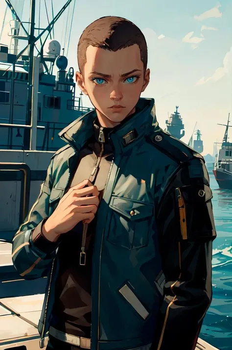 ultra detailed, masterpiece, best quality,
<lora:DMarkus:0.7> DMarkus, jacket, bald, buzz cut, heterochromia, blue eyes, green eyes, hand on own chest, serious, jacket, v, oil tanker, boat,