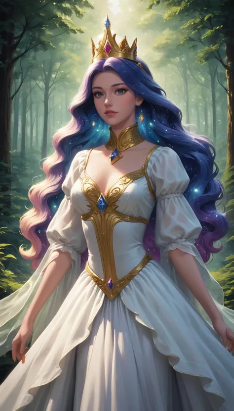 Enchanted Princess: A serene anime princess with flowing, ethereal hair, adorned with a golden crown, standing in a sunlit forest clearing, surrounded by magical creatures, intricate details, art by Alphonse Mucha, digital painting, highly detailed.