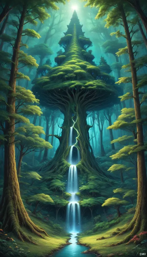 Enchanted Forest: A lush, mystical anime forest filled with bioluminescent plants, towering trees, and magical creatures, soft, ethereal lighting, art by Studio Ghibli.