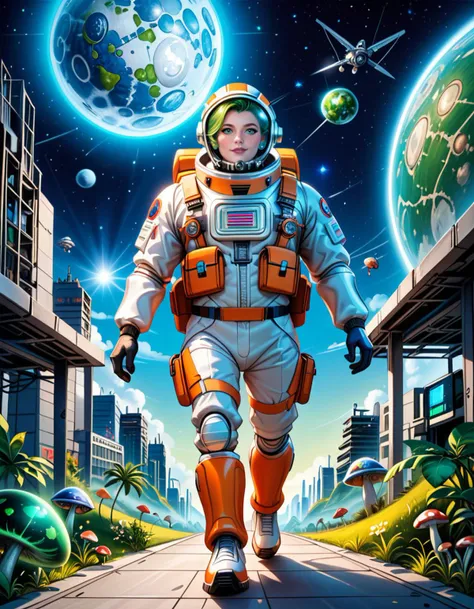 Wide angle digital illustration, (Astronaut in a futuristic spacesuit:1.3), Central composition, Metallic gray suit, Reflective helmet, Advanced gadgets, (Walking on rugged alien terrain:1.2), Small hills and winding paths, (Gigantic extraterrestrial plants:1.3), Translucent bioluminescent stems, Large mushroom-like caps, (Glowing blue and green hues:1.2), Luminous filaments, Distant celestial background, (Immense Jupiter-like planet:1.3), Beige-orange cloud bands, Illuminated by distant sunlight, (Small moon hovering nearby:1.2), Deep blue starry sky, Subtle golden glow, Soft bluish-green lighting, Dreamlike extraterrestrial ambiance.Masterpiece,best quality,hi res,8k,hi res,8k,award winning,(sharp focus, intricate, highly detailed),