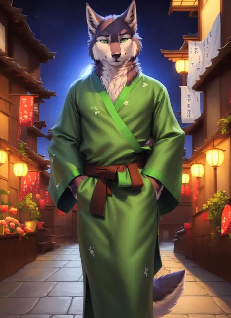<lora:shoichiV2-07:0.8>, shoichi, solo, wolf tail, green eyes, (pose), (posing),  (soft shading), 4k, hi res, ((detailed face, detailed eyes, detailed)), (full body), by zackarry911, by zaush, (by personalami:0.5), festival, Japanese festival, yukata, kimono, night, stars,