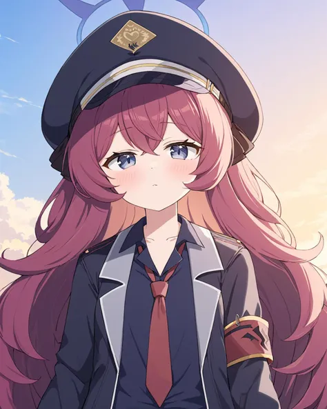 iroha \(blue archive\),1girl, solo, red_necktie, looking_at_viewer, peaked_cap, armband, blush, black_shirt, upper_body, military_hat, military, military_jacket, black_headwear, parted_lips, military_uniform, collared_shirt, safety_pin, halo, black_jacket, open_jacket, sky, long_sleeves
<lora:iroha_(blue_archive)_image1923_2023-11-27-000012:1>halo. gorgeous,key visual, vibrant, studio anime,award-winning, professional, highly detailed,high budget, cinemascope