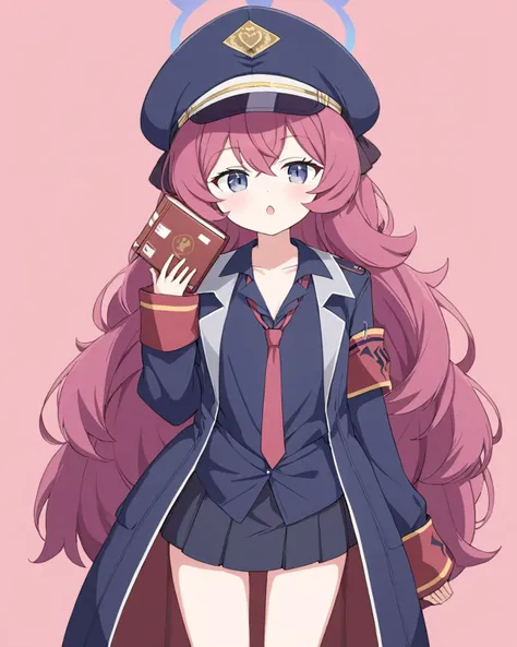 iroha \(blue archive\),1girl, solo, halo, military_uniform, military, armband, book, red_necktie, pink_background, skirt, looking_at_viewer, military_hat, @_@, sleeves_past_fingers, long_sleeves, jacket, holding, open_mouth, black_shirt, collarbone, peaked_cap
<lora:iroha_(blue_archive)_image1923_2023-11-27-000012:1>halo. gorgeous,key visual, vibrant, studio anime,award-winning, professional, highly detailed,high budget, cinemascope