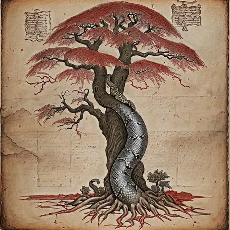 forgotten_pages a drawing of a snake tree AND a tree with (snakes instead of roots), colored red leaves <lora:v9 dreamshaper_2steps_32-16:01>