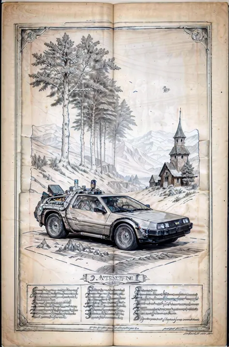 forgotten_pages a drawing a20_bttfdmc:1.2,ink paint, sideview, delorean time machine, in the style of Leonardo Da Vinci, ink drawing, pixel perfect, anotations,<lora:bttfdmcV2:0.75>, <lora:forgotten_pages:1>