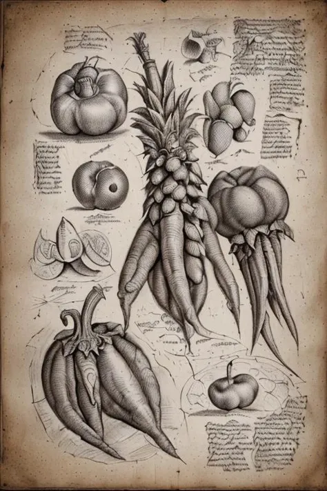 forgotten_pages a drawing a bounch of vegetable and fruits, annotation <lora:forgotten_pages:1>