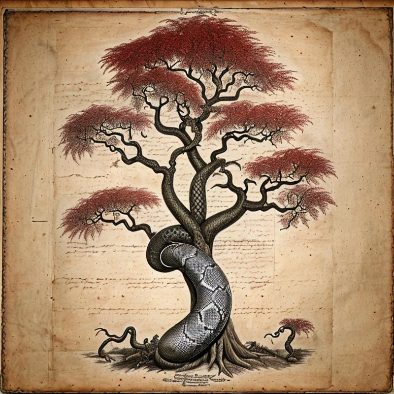 forgotten_pages a drawing of a snake tree AND a tree with (snakes instead of roots), colored red leaves <lora:v9 dreamshaper_2steps_32-16:01>
