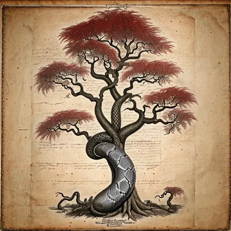 forgotten_pages a drawing of a snake tree AND a tree with (snakes instead of roots), colored red  leaves <lora:v9 dreamshaper_2steps_32-16:01>