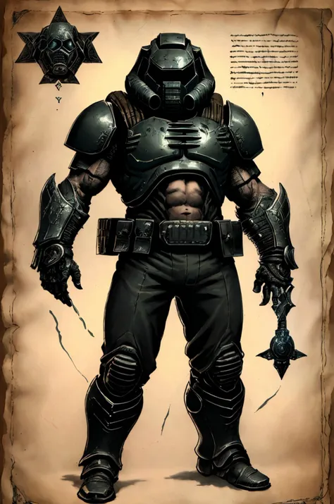 forgotten_pages drawing of man in modern armor helmet doom \(series\) (TEXT "DOOMGUY") pentagram occult simbols with written text <lora:CON forgotten_pages:0.8> <lora:CHA doomguy-15:0.6>, masterpiece, best quality, high quality, highres, ultra-detailed