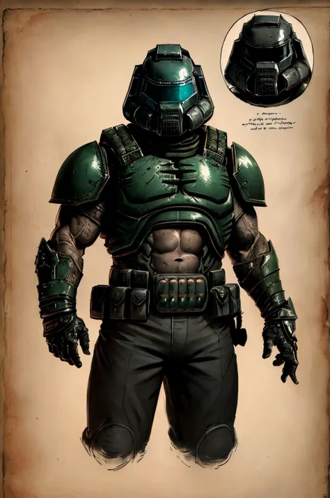 forgotten_pages drawing of man in modern armor helmet doom \(series\) (WRITTEN TEXT "DOOMGUY") with written text <lora:CON forgotten_pages:0.8> <lora:CHA doomguy-15:0.6>, masterpiece, best quality, high quality, highres, ultra-detailed