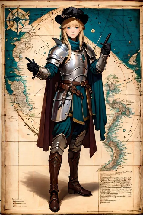 (best quality, high quality, masterpiece:1.2), medieval art, Byzantine, Insular art, <lora:forgotten_pages:1>forgotten_pages a map of 1girl, castle, treasure hunt, text, (long blonde straight hair with bangs:1.1), blue eyes, <lora:PaladinLARP:0.65> PaladinLARP dressed in a knight costume teal gambeson steel cuirass pauldrons thigh armour leg guards brown leather boots brown woll cape black pans brown leather belt dagger black gloves, medieval black teal hat , <lora:detail_slider_v4:1.15>