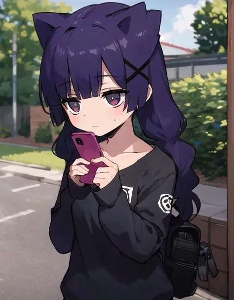 masterpiece, best quality, ultra-detail, 1girl, solo, <lora:(criminal girls) alice:0.5>, ali, hair ornament, (bags under eyes:1.1), (white gym shirt, buruma:1.2), (short sleeves:1.1), sweat, outdoors, (happy:0.9), (long sleeves:-1.1), holding smartphone, <lora:GoodHands-vanilla:1>, nice hands,