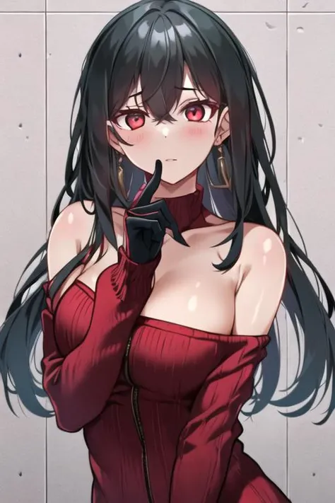 1girl, <lora:Sydus_v2.2:0.7>, (corneo_yor_forger:0.8), red sweater, bare shoulders, shushing,, (masterpiece:1.0), (best quality:1.0), (8k wallpaper:1.0), extremely delicate and beautiful, (beautiful detailed face:1.0), (detailed deep eyes), symmetrical breasts, deep eyes,