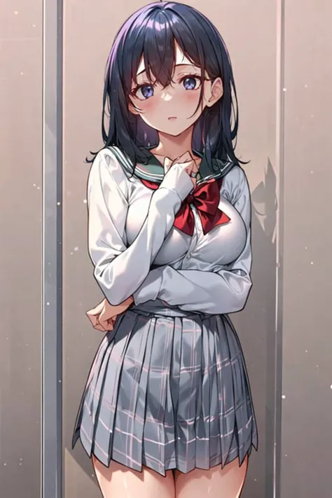 1girl, <lora:Sydus_v2.2:0.7>, medium breasts, standing, school uniform,, (masterpiece:1.0), (best quality:1.0), (8k wallpaper:1.0), extremely delicate and beautiful, (beautiful detailed face:1.0), (detailed deep eyes), symmetrical breasts, deep eyes,
