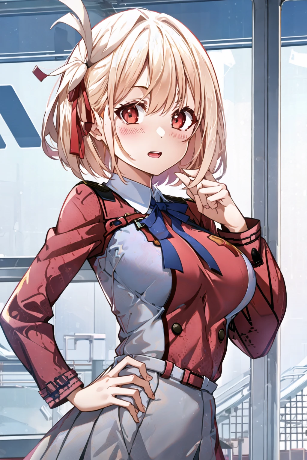 1girl, <lora:Sydus_v2.2:0.7>, Chisato, uniform, (masterpiece:1.0), (best quality:1.0), (8k wallpaper:1.0), extremely delicate and beautiful, (beautiful detailed face:1.0), (detailed deep eyes), symmetrical breasts, deep eyes,