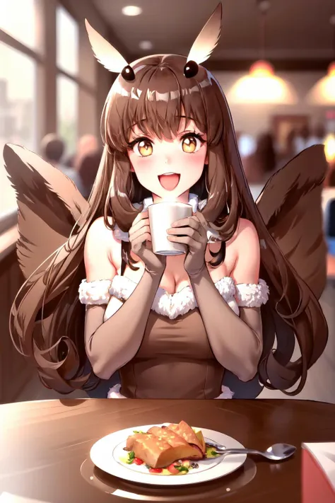 Highly detailed, High Quality, Masterpiece, beautiful, moth-chan, fur trim, brown dress, brown thighhighs, elbow gloves, wings, <lora:Char_Meme_Mothchan:0.9>, food, simple background, elbows on table, cup, blurry background, indoors, upper body, <lora:Pos_AcrossTable:1>