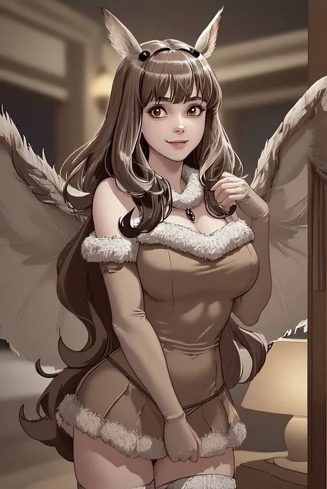 (masterpiece, best quality, ultra-detailed, best shadow),(western style:0.5), (realistic:1.2), analog style, (fibonacci), (detailed background, upper body, cowboy shot, smiling, looking at viewer, facing viewer, indoors, lamps), (beautiful detailed face, feminine features), (best illumination), ((cinematic light)), colorful, hyper detail, dramatic light, intricate details, (1girl, woman named moth-chan, fur trim, brown dress, brown thighhighs, elbow gloves, wings) , <lora:mothchan-nvwls-v1:0.8>