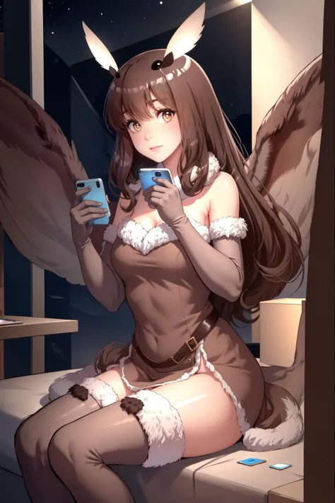 masterpiece, best quality, moth-chan, fur trim, brown dress, thighhighs, elbow gloves, wings, sitting, looking at viewer, holding cell phone, night<lora:mothchan-nvwls-v1:0.9>