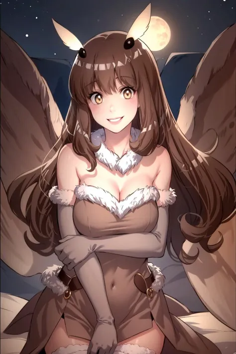 masterpiece, best quality, moth-chan, fur trim, brown dress, thighhighs, elbow gloves, wings, upper body, moon, looking at viewer, smile <lora:mothchan-nvwls-v1:1>