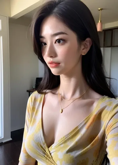 a stunning photo with beautiful saturation by Emily Soto, pretty japan idol woman wear (huangsezhanpaohd), collarbone, (mature:1.3), best quality, sultry, seductive,<lora:huangsezhanpaohd:0.95>,