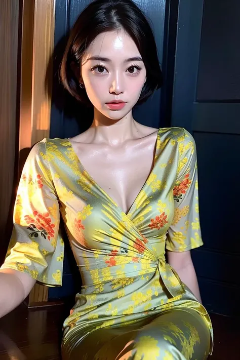 night scene, dark, a stunning photo with beautiful saturation by Emily Soto, pretty japan idol woman wear (huangsezhanpaohd:1.5), (short hair:1.5), collarbone, (mature:1.3), best quality, sultry, seductive,<lora:huangsezhanpaohd:0.95>,