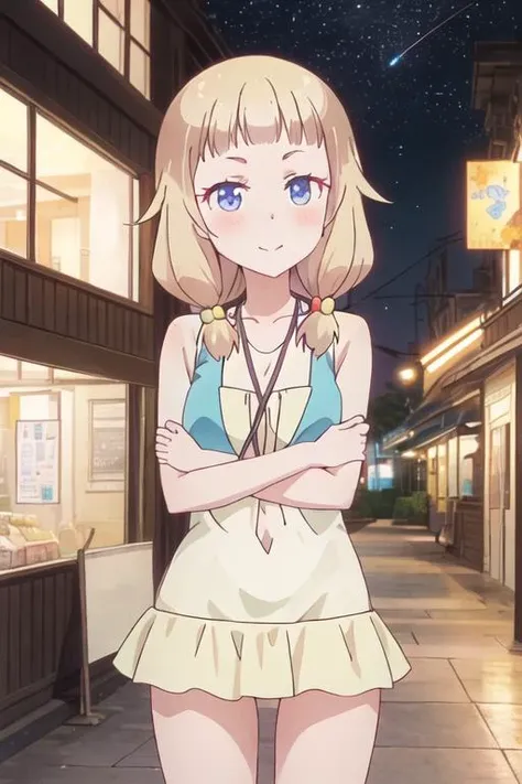 best quality, masterpiece, highres, solo, {night:1.10}, {starry sky:1.10}, beach, beautiful detailed sky, {extremely detailed background:1.20}, {sakura_nene_newgame:1.15}, {standing:1.10}, looking at viewer, {bikini:1.30}, blonde_hair, hair_ornament, hair_bobbles, twintails, blush, blue_eyes, bangs, closed_mouth, low_twintails, light smile