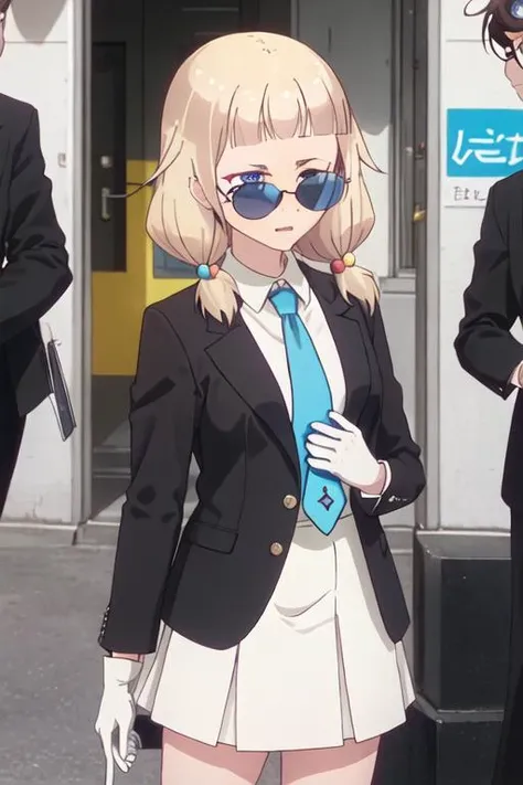 best quality, masterpiece, highres, solo, {black business suit:1.40}, {tie:1.20}, {sunglasses:1.25}, {white gloves:1.15}, {white shirt:1.10}, {black skirt:1.15}, {smoking:1.20}, handsome, {iijima_yun_newgame:1.15}, blonde_hair, short_hair, blush, two_side_up, ribbon, bangs, hair_ribbon