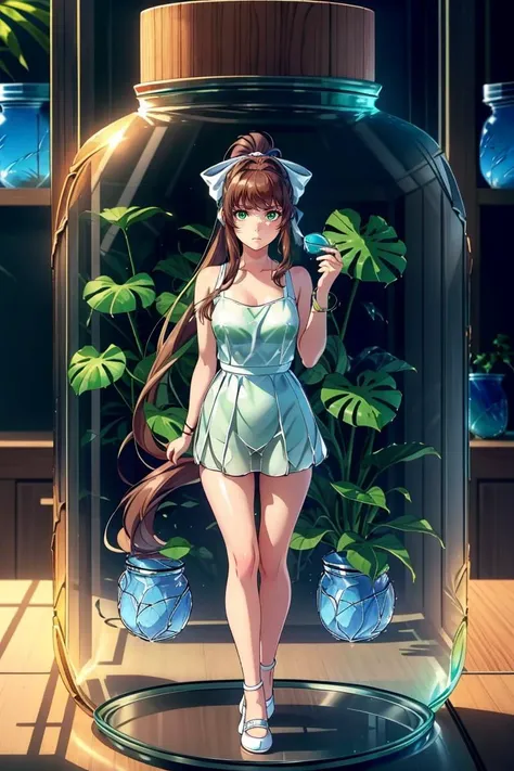 at a botanic greenhouse, tropical plants, humid air, educational, monika, green eyes, brown hair, very long hair, ponytail, hair ribbon, white ribbon, <lora:ddlc:1>, Stoic, Expressionless face with a neutral mouth and a neutral gaze,  (in glass jar:1.45), inside a glass jar, (full body), shrunken, trapped, confined, <lora:Girls in Glass Jars v3:0.35>, looking at viewer, <lora:add_detail:0.3>