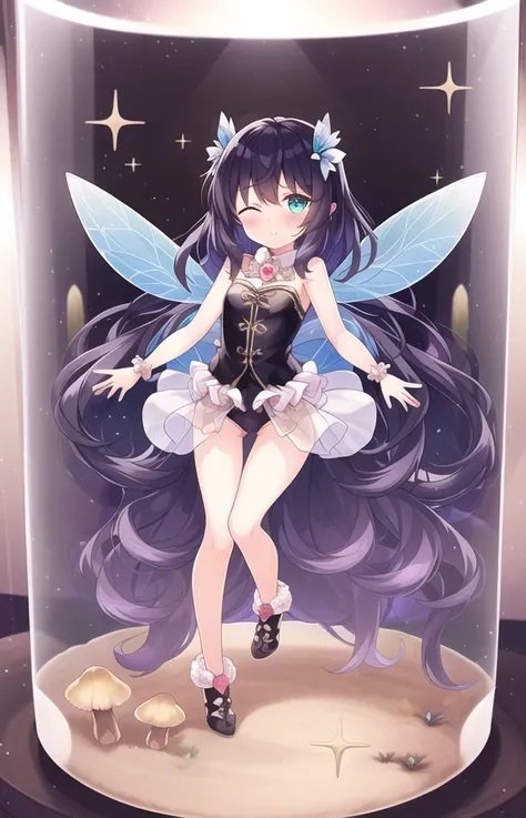 ((best quality)), ((highly detailed)), masterpiece, ((official art)), (detailed eyes, deep eyes), (1girl:1.33, solo), <lora:girlsInGlassJars_girlsInGlassJarsV1:.6>, (shrunken), (glass jar), mature woman, sitting, (((fairy))), ((miniature)), multiple wings, fairy wings, ((glowing wings)), symmetrical wings, intricate wing pattern, transparent wings, large breasts, cleavage, thin waist, short hair, black hair, (((flying))), in the air, leotard, cameltoe, strapless, sleeveless, glitter, miniskirt, oversized plants, giant mushrooms, smile, (one eye closed)