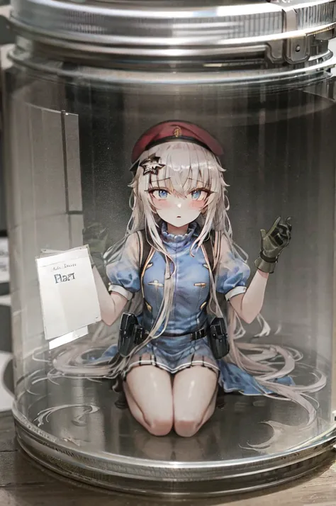 ((masterpiece)), (best quality), (illustration), highres, perfect anatomy, whole body visible,
1girl, solo, char-9a91 sitting inside giant jar, looking at viewer, shrunken, glass jar, jar, inside, wearing red beret, girl inside large jar, char-9a91