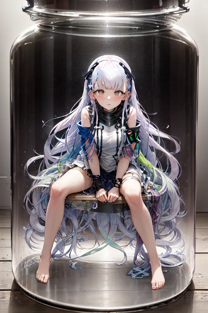 ((masterpiece)), (best quality), (illustration), highres, perfect anatomy, whole body visible,
1girl, solo, char-alfa sitting on a chair inside giant jar, looking at viewer, shrunken, glass jar, jar, inside, girl inside large jar, char-alfa, chair,