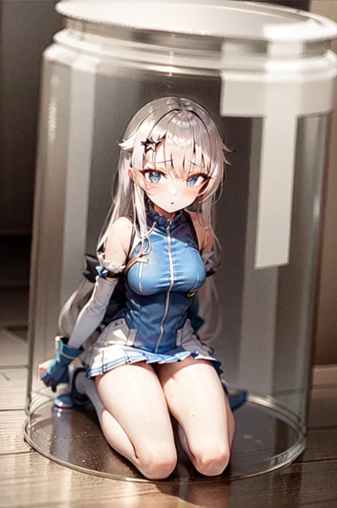 ((masterpiece)), (best quality), (illustration), highres, perfect anatomy,
1girl, solo, char-9a91 sitting on floor inside jar, looking at viewer, shrunken, glass jar, jar, inside, char-9a91