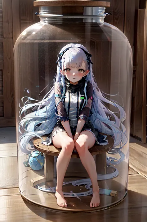 ((masterpiece)), (best quality), (illustration), highres, perfect anatomy, whole body visible,
1girl, solo, char-alfa sitting on a stool inside giant jar, looking at viewer, shrunken, glass jar, jar, inside, girl inside large jar, char-alfa, small stool