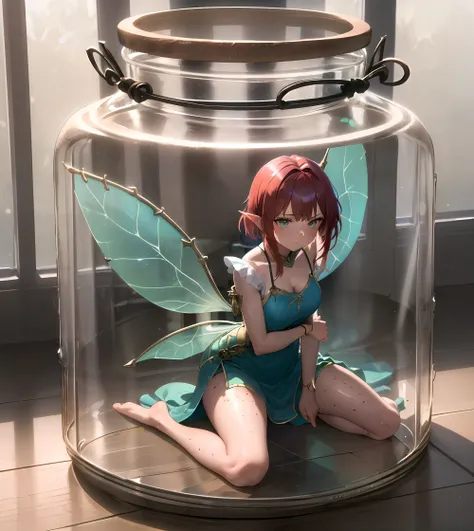 (glass jar:1.43), masterpiece, best quality, ultra-detailed, illustration, 4k, 8k, highly detailed, vivid colors, detailed face, HDR, vivid colors, 1girl, solo, red hair, short hair, green eyes, detailed face, beautiful eyes, medium breast, [freckles], fantasy small blue dress, intricate design, (fairy), beautiful big wasp wings, pointy ears, sad, inside a big glass jar, the jar is over a wooden table, (shrunken), empty room, perfect anatomy, kneeling, looking at viewer, cupboard background, <lora:girlsInGlassJarsV2_v2Anime:0.7>