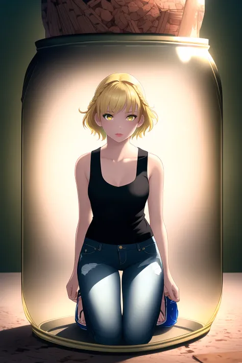 (in glass jar:1.45), full body, trapped, cramped, cinematic light, reflections, front view, masterpiece, best quality, 1girl, yellow eyes, short hair, braided hair, blonde hair, small breasts, green tank top, jeans, embarassed, kneeling, shrunken, dark background, detailed, realistic, hyper detailed, facial details, cork, seal, lid, cap, defined, lips, <lora:Girls in Glass Jars v3:0.5>