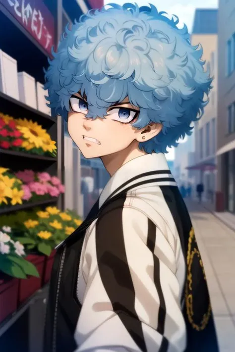 (best quality:1.1), (masterpiece:1.4), , looking at viewer, , depth of field, anime coloring, , 1boy, solo, male focus, <lora:souya_kawata:0.9>, souya_kawata, blue hair, grey eyes, afro, angry, , , flower shop,