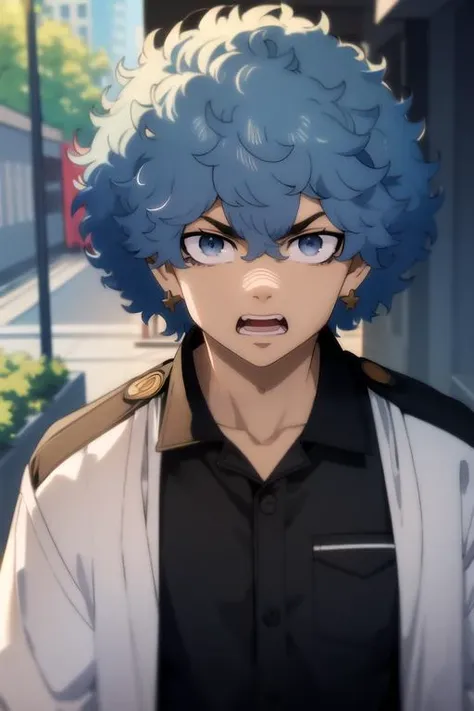 (best quality:1.1), (masterpiece:1.4), , looking at viewer, upper body, depth of field, , realistic, 1boy, solo, male focus, <lora:souya_kawata:0.78>, souya_kawata, blue hair, grey eyes, afro, , anger vein, , , High resolution
